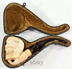 Antique Meerschaum Memento Mori Skull Skeleton folk art carved pipe with case