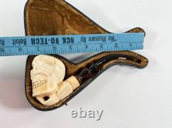 Antique Meerschaum Memento Mori Skull Skeleton folk art carved pipe with case
