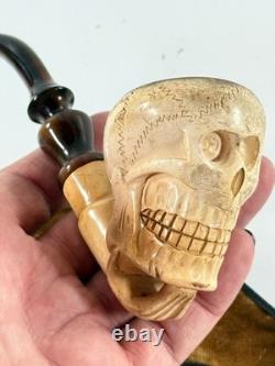 Antique Meerschaum Memento Mori Skull Skeleton folk art carved pipe with case