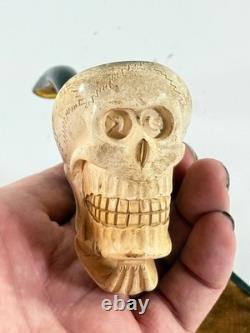 Antique Meerschaum Memento Mori Skull Skeleton folk art carved pipe with case