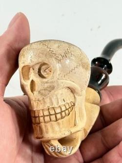 Antique Meerschaum Memento Mori Skull Skeleton folk art carved pipe with case