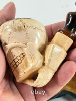 Antique Meerschaum Memento Mori Skull Skeleton folk art carved pipe with case