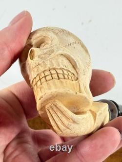 Antique Meerschaum Memento Mori Skull Skeleton folk art carved pipe with case