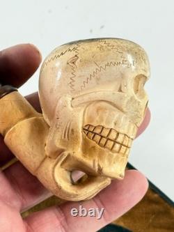 Antique Meerschaum Memento Mori Skull Skeleton folk art carved pipe with case