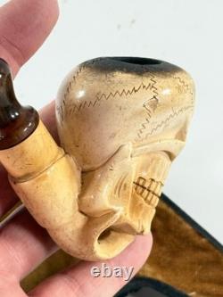 Antique Meerschaum Memento Mori Skull Skeleton folk art carved pipe with case