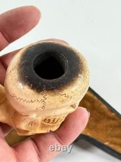 Antique Meerschaum Memento Mori Skull Skeleton folk art carved pipe with case