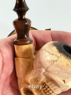 Antique Meerschaum Memento Mori Skull Skeleton folk art carved pipe with case
