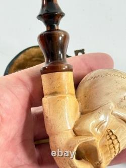 Antique Meerschaum Memento Mori Skull Skeleton folk art carved pipe with case
