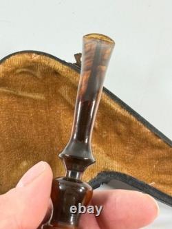 Antique Meerschaum Memento Mori Skull Skeleton folk art carved pipe with case