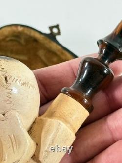 Antique Meerschaum Memento Mori Skull Skeleton folk art carved pipe with case