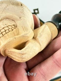 Antique Meerschaum Memento Mori Skull Skeleton folk art carved pipe with case