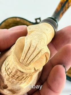 Antique Meerschaum Memento Mori Skull Skeleton folk art carved pipe with case