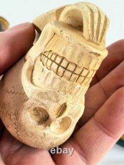 Antique Meerschaum Memento Mori Skull Skeleton folk art carved pipe with case