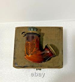 Antique Meerschaum Pipe German Hand Carved Folk Art Scene Copper Lid- WithBox