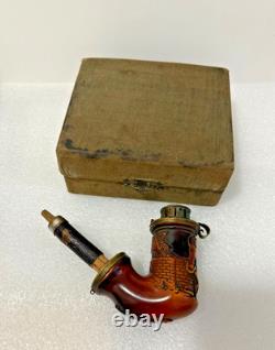 Antique Meerschaum Pipe German Hand Carved Folk Art Scene Copper Lid- WithBox