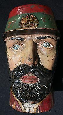 Antique Mexican Folk Art Life-Size Polychrome Hand Carved Wood Officer's Head