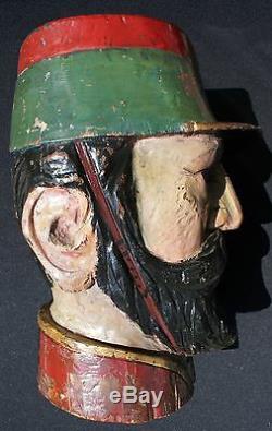 Antique Mexican Folk Art Life-Size Polychrome Hand Carved Wood Officer's Head