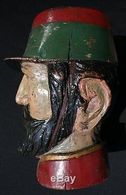 Antique Mexican Folk Art Life-Size Polychrome Hand Carved Wood Officer's Head