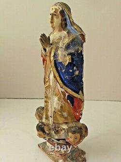 Antique Mexican Maria Santo Figure Hand Carved Original Paint 9 3/4 T 19th c