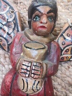 Antique Mexican Querrero Folk Art Angel Carved Wood Cherub