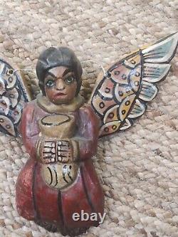 Antique Mexican Querrero Folk Art Angel Carved Wood Cherub