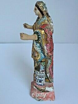 Antique Mexican Virgin Santa Hand Carved Original Paint 8 Tall 19th c