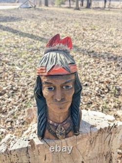 Antique Native American Hand-Carved Wooden Indian Bust Folk Art
