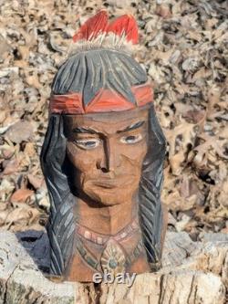 Antique Native American Hand-Carved Wooden Indian Bust Folk Art