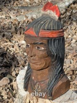 Antique Native American Hand-Carved Wooden Indian Bust Folk Art