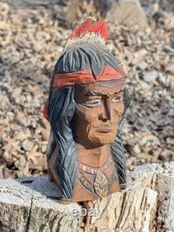 Antique Native American Hand-Carved Wooden Indian Bust Folk Art