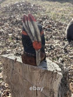 Antique Native American Hand-Carved Wooden Indian Bust Folk Art