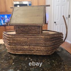 Antique Noah's Ark Carved Wood Wooden Folk Art with Animals Vintage