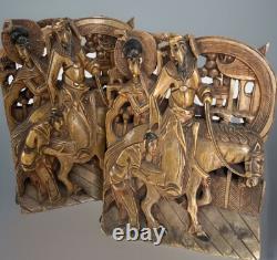 Antique Oriental Bookend Carved Folk Art Hand Carved Wood Village Carving 6