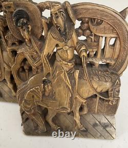 Antique Oriental Bookend Carved Folk Art Hand Carved Wood Village Carving 6