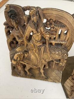 Antique Oriental Bookend Carved Folk Art Hand Carved Wood Village Carving 6