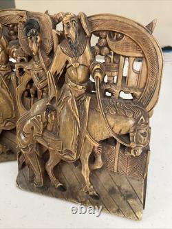 Antique Oriental Bookend Carved Folk Art Hand Carved Wood Village Carving 6