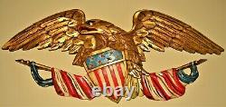 Antique Original Vintage Gilded Carved American Folk Eagle Wall Plaque Sculpture