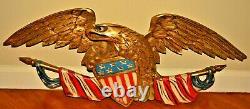 Antique Original Vintage Gilded Carved American Folk Eagle Wall Plaque Sculpture