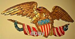 Antique Original Vintage Gilded Carved American Folk Eagle Wall Plaque Sculpture