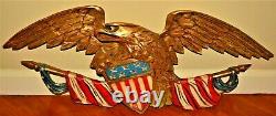 Antique Original Vintage Gilded Carved American Folk Eagle Wall Plaque Sculpture