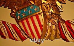 Antique Original Vintage Gilded Carved American Folk Eagle Wall Plaque Sculpture