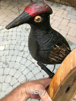 Antique Pennsylvania German Carved Folk Art Wire Leg Red Headed Woodpecker Bird