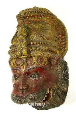 =Antique Polychrome Carved Wood Mask of Hindu Lion God Narasimha Raj India