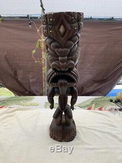 Antique Polynesian Tiki Hand Carved Wood God Statue Folk Art WOW