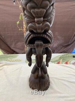 Antique Polynesian Tiki Hand Carved Wood God Statue Folk Art WOW