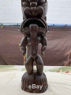 Antique Polynesian Tiki Hand Carved Wood God Statue Folk Art WOW