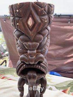 Antique Polynesian Tiki Hand Carved Wood God Statue Folk Art WOW