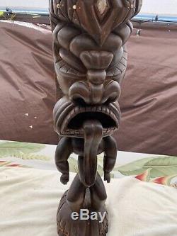 Antique Polynesian Tiki Hand Carved Wood God Statue Folk Art WOW