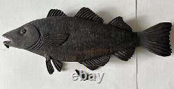 Antique Primitive Folk Art Carved Wooden Fish Nautical Sign 27x11x2 Read