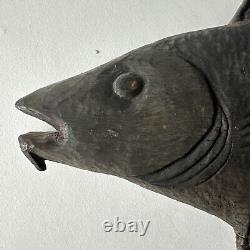 Antique Primitive Folk Art Carved Wooden Fish Nautical Sign 27x11x2 Read